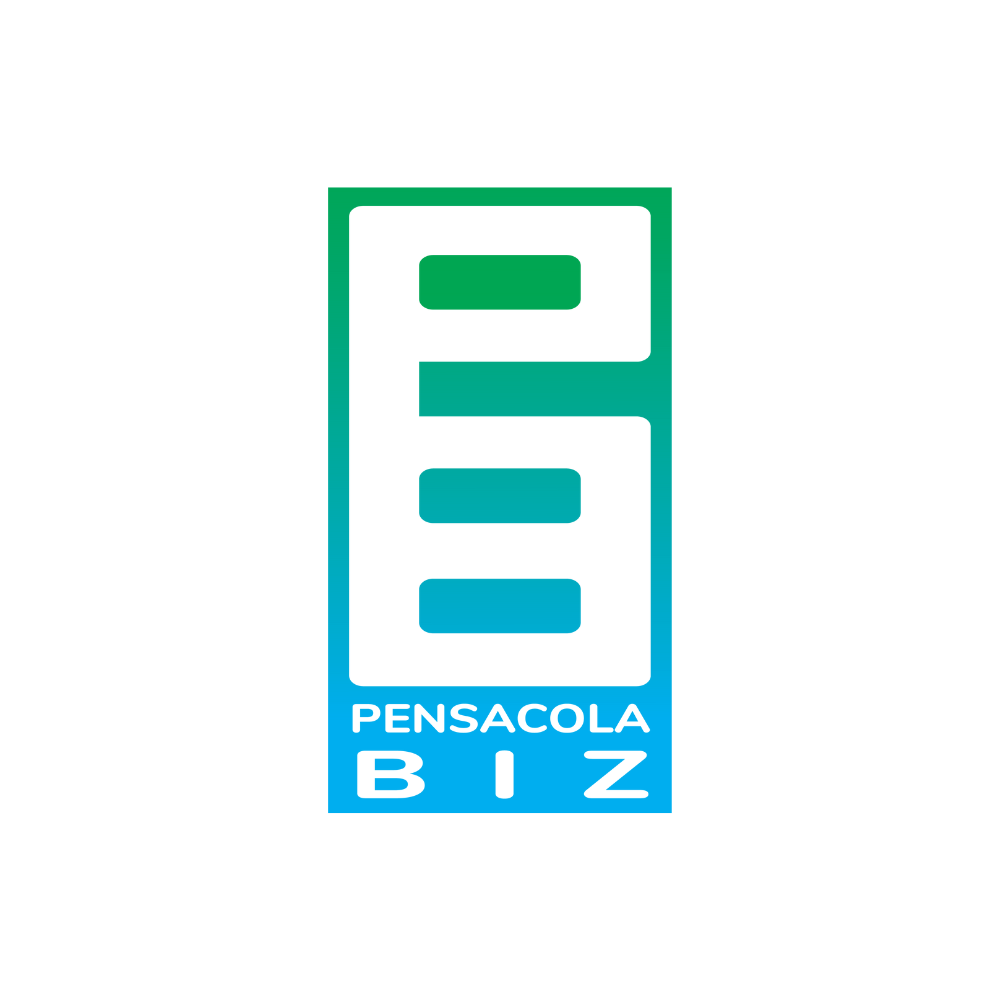 A rectangular object fades from light blue-greens to green-blues as it approaches the bottom, evoking the colors of the sea. Within the rectangle are the large letters "P" and "B" stacked one on top the other. Below in smaller, elegant font are the words "Pensacola" with "Biz" below.